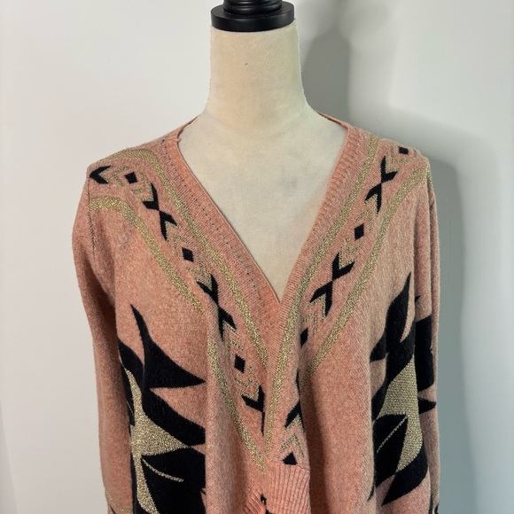 Peace Dove Pink Aztec Print Metallic Fringe Knit Cardigan Sweater Small Boho - Picture 4 of 10